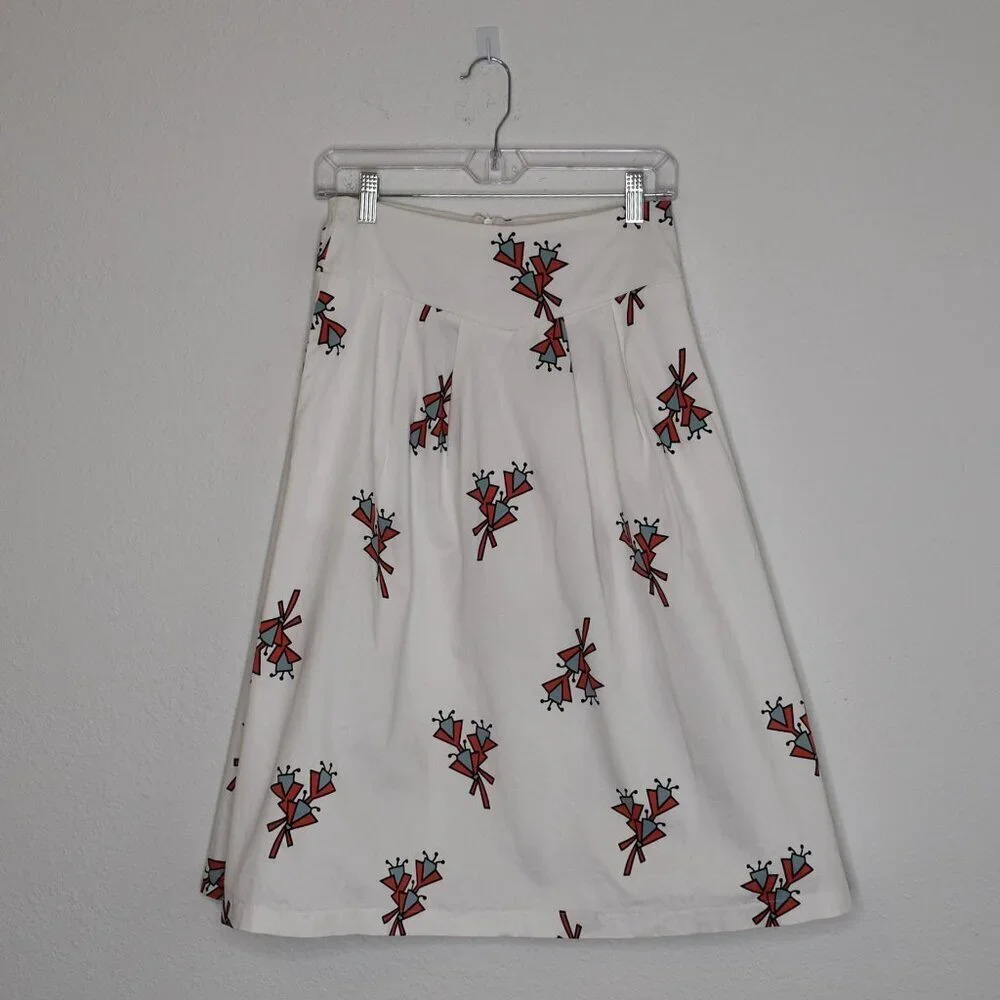 Zara Skirt Midi Sz S Graphic Floral A-Line Cotton Blend Retro Minimalist